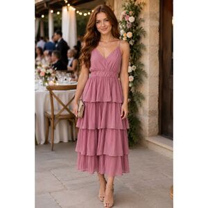 Fashion Dusty Rose Tiered Ruffle Pleated Midi Dress Small Wedding Guest Boho #13